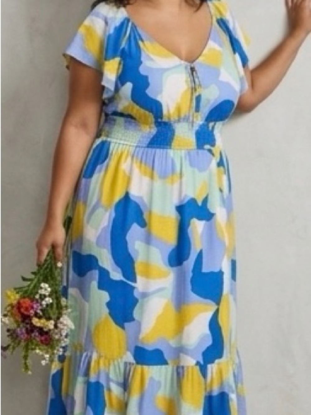 Summer V-Neck Blue & Yellow Print Maxi Dress